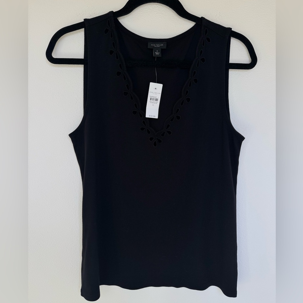 Ann Taylor Factory Black Sleeveless V-Neck Top with Eyelet Neckline- Medium NWT